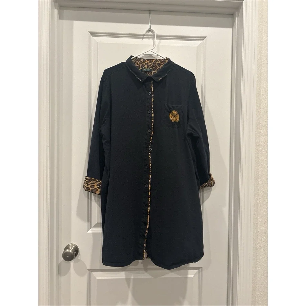 Lauren Ralph Lauren Black Leopard Print Collared 3/4 Sleeve Sleep Gown 3X XXL
